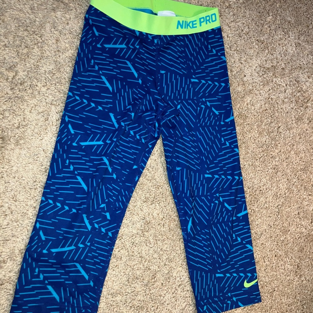 Nike Pro Kids Blue and Neon Green Capri Leggings